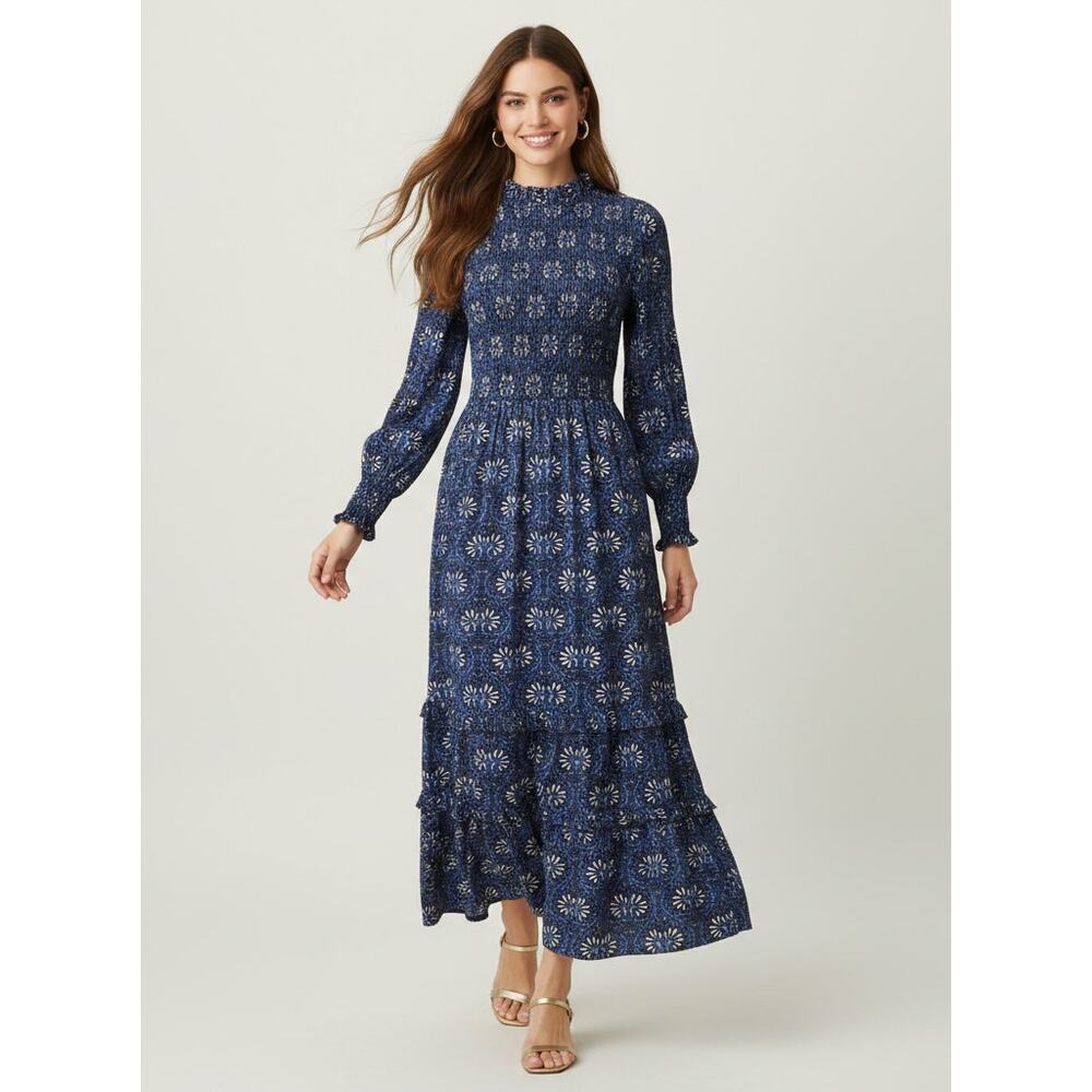 Pink City Prints Isabel Smocked Tiered Maxi Dress Small Midnight Vine Blue